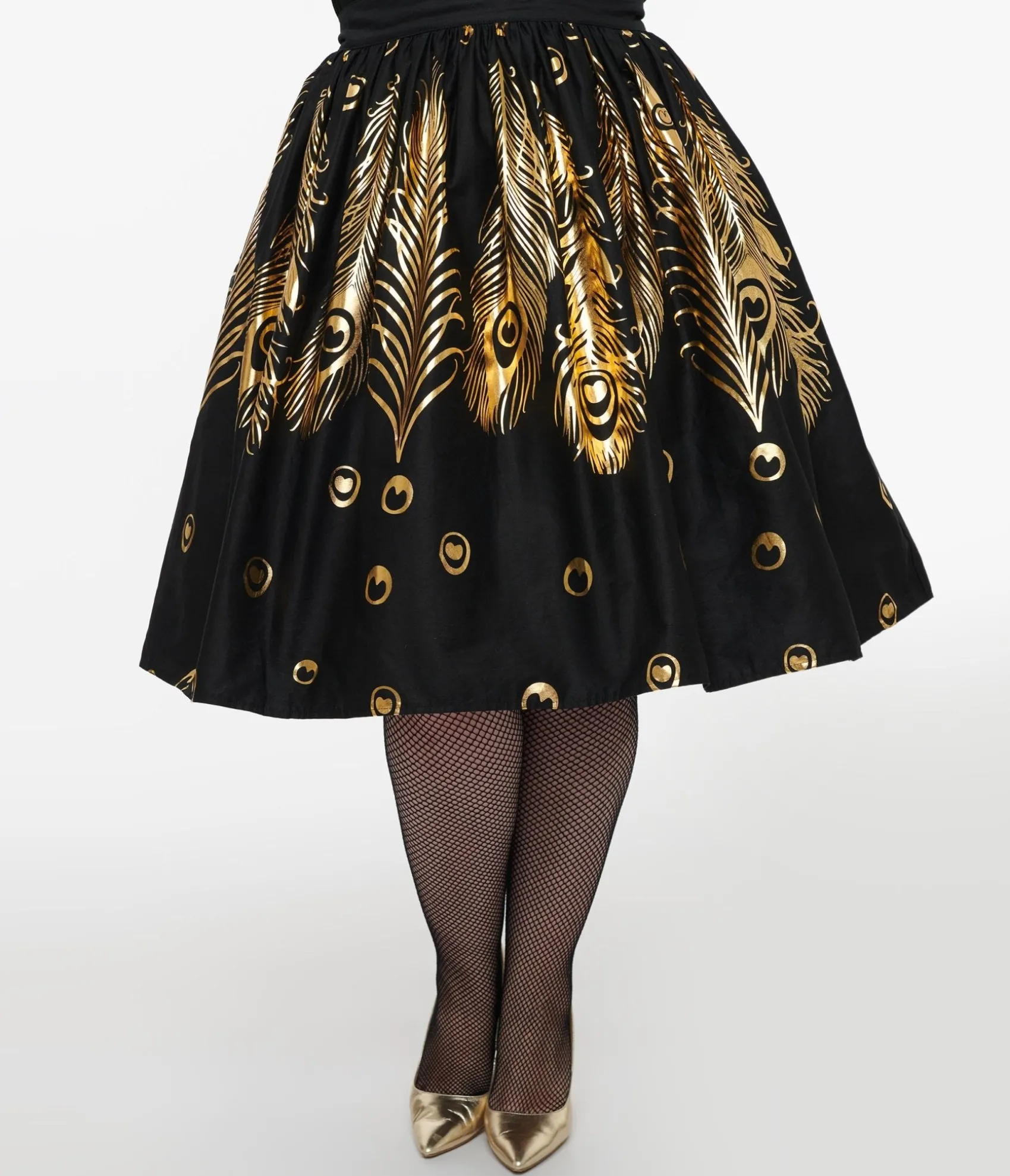 Unique Vintage Plus Size 1950s Black & Gold Foil Feather Gellar Swing Skirt