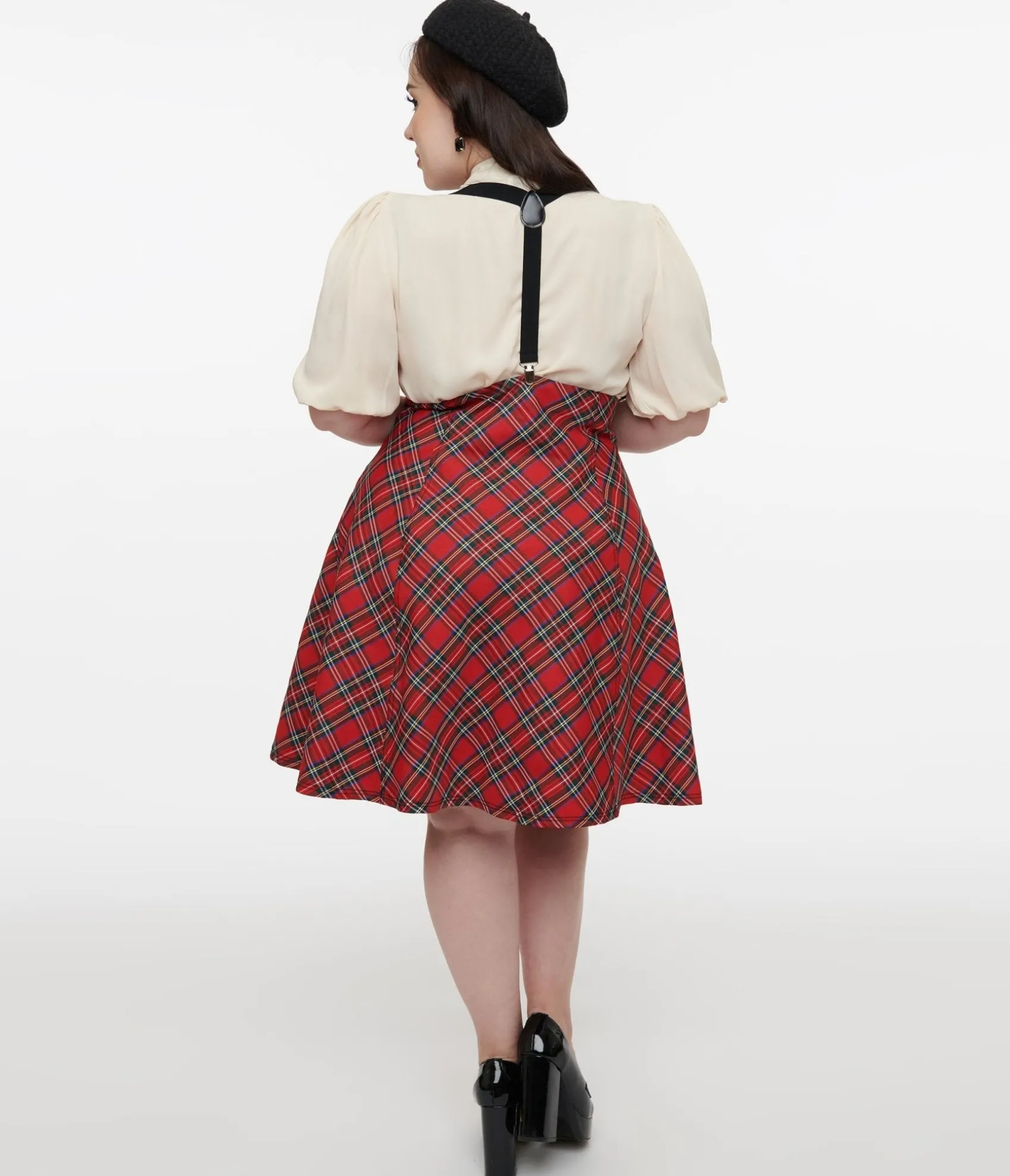 Unique Vintage Plus Size 1950s Red Bias Plaid Suspender Flare Skirt