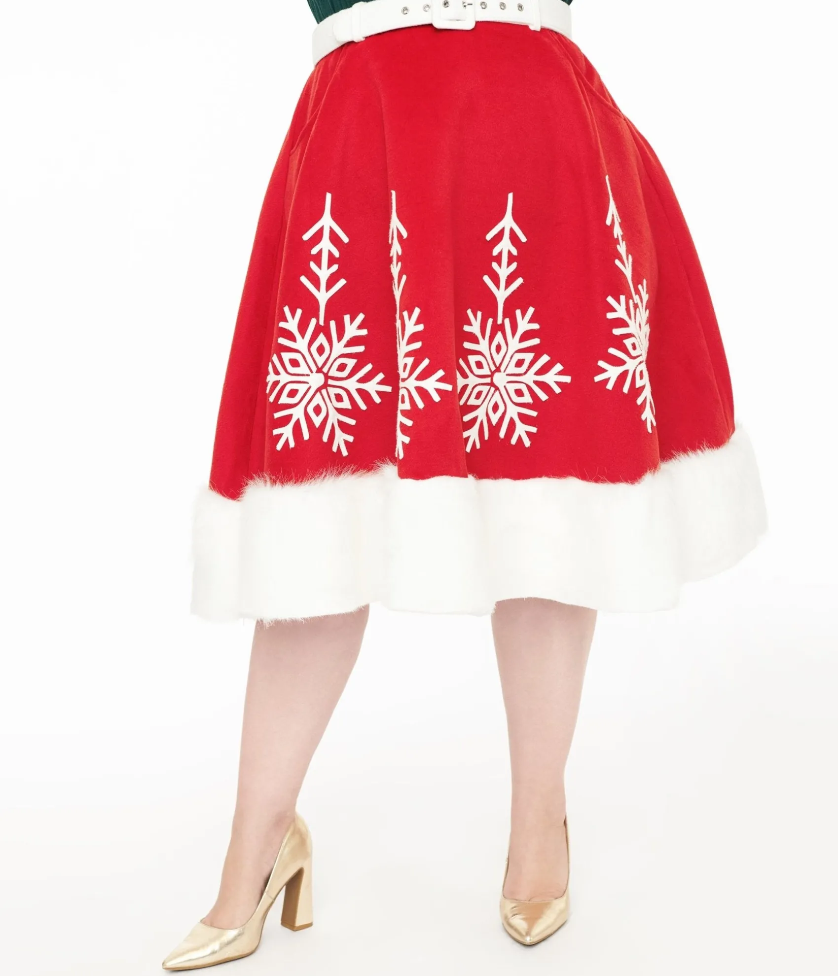 Unique Vintage Plus Size 1950s Red Felt & White Fur Snowflake Soda Shop Swing Skirt