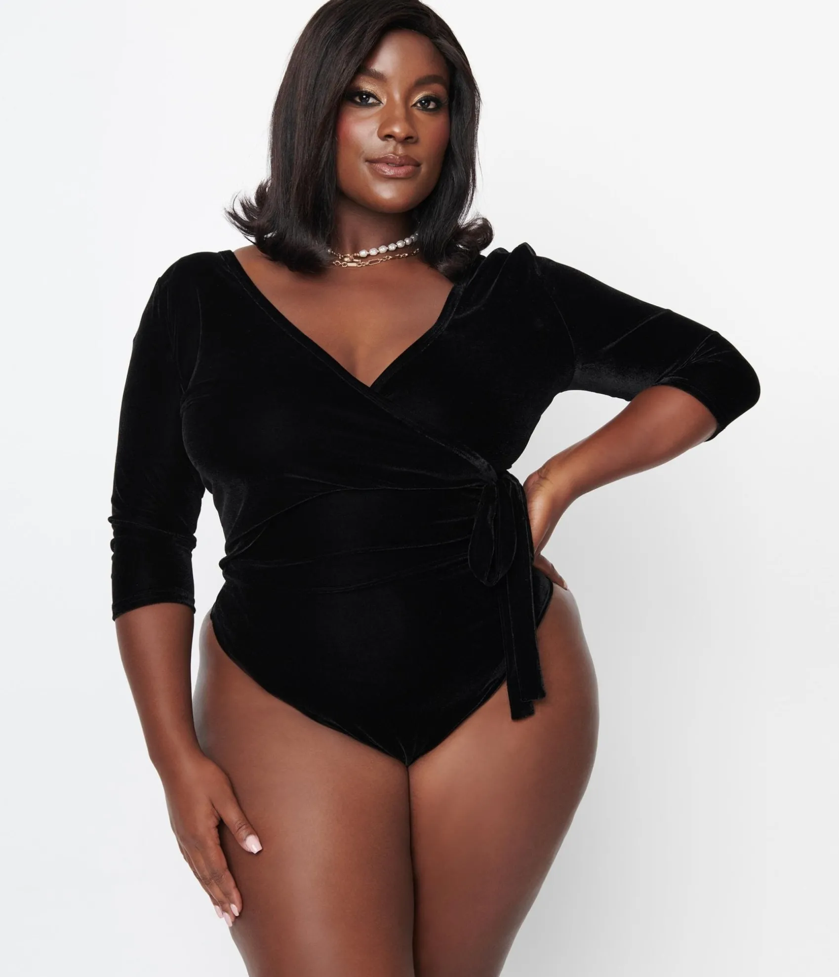 Unique Vintage Plus Size 1970s Black Velvet Surplice Bodysuit