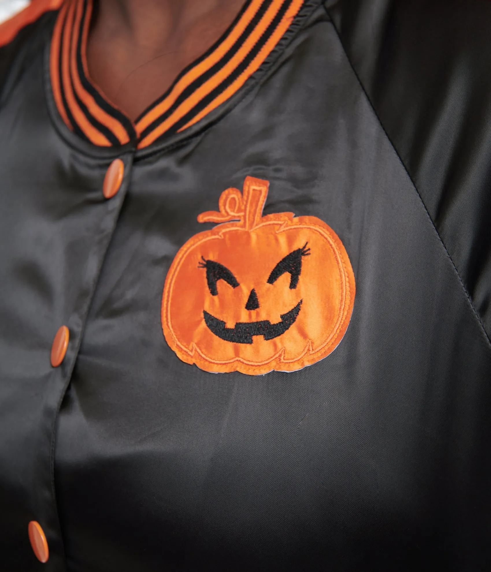 Unique Vintage Plus Size Black & Orange Scream Queen Satin Bomber Jacket