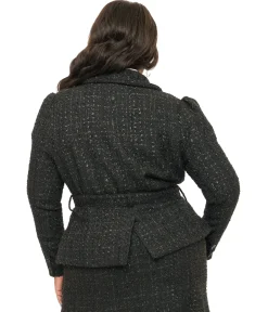 Unique Vintage Plus Size 1940s Black Lurex Tweed Belted Jacket