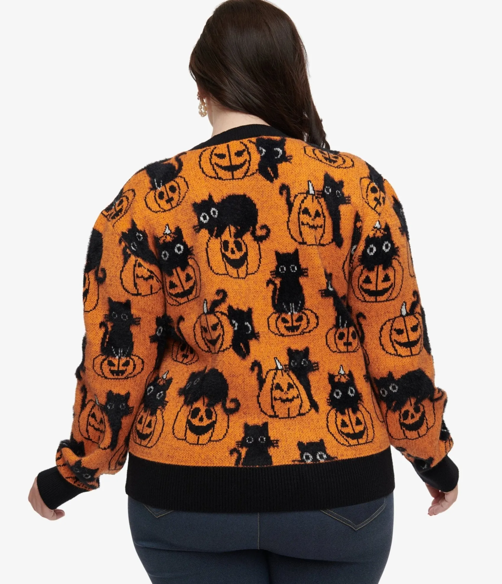 Unique Vintage Plus Size Orange Pumpkin & Black Cat Print Sweater