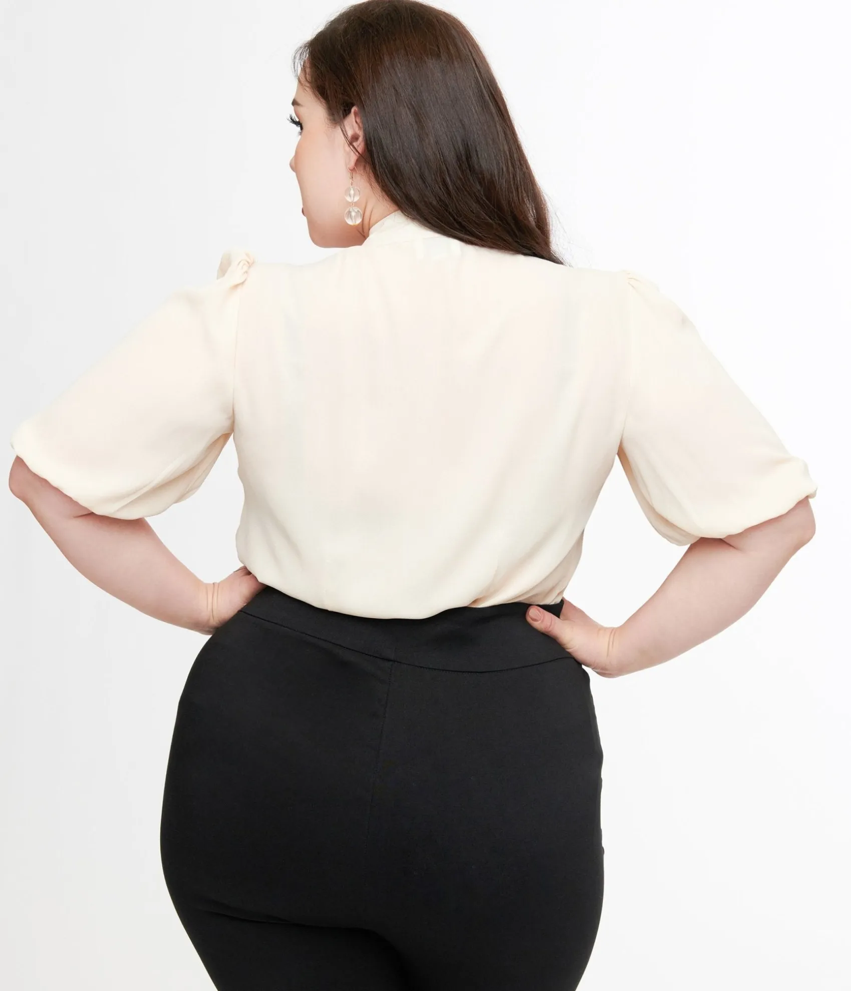 Unique Vintage Plus Size Cream Short Sleeve Neck Tie Gwen Blouse
