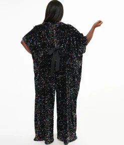 Unique Vintage Plus Size 1970s Black Iridescent Sequin Caftan Jumpsuit