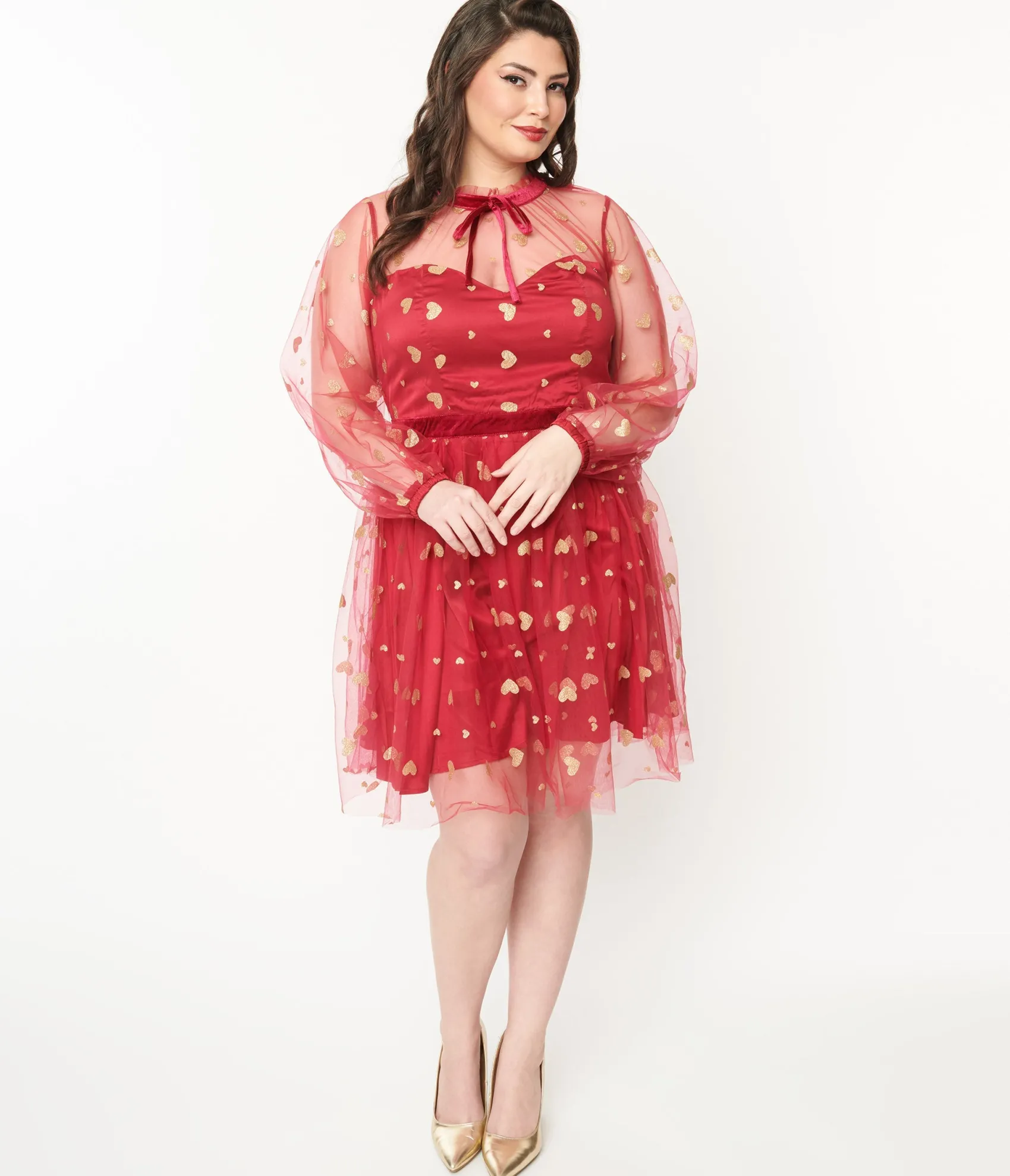 Unique Vintage Plus Size Red & Gold Glitter Heart Flare Dress