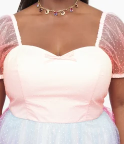 Unique Vintage Plus Size 1950s Pastel Rainbow Ombre Clip Dot Tulle Sweetheart Fit & Flare Dress