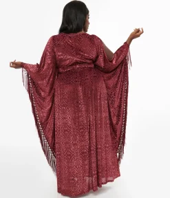 Unique Vintage Plus Size 1960s Burgundy Velvet Burnout Caftan