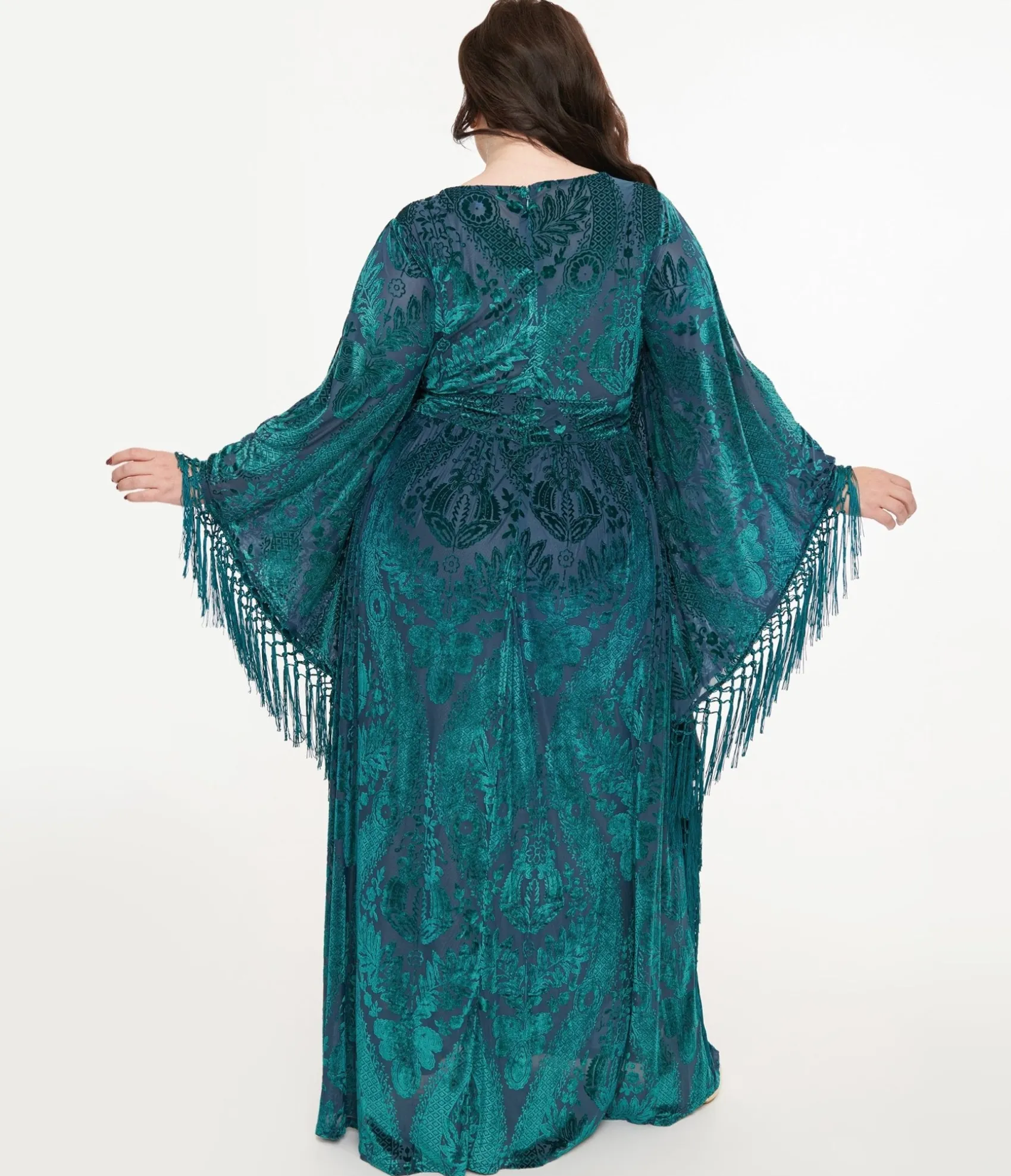 Unique Vintage Plus Size Emerald Floral Fringe Flutter Sleeve Caftan