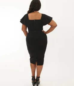 Unique Vintage Plus Size 1940s Black Flutter Sleeve Sweetheart Wiggle Dress