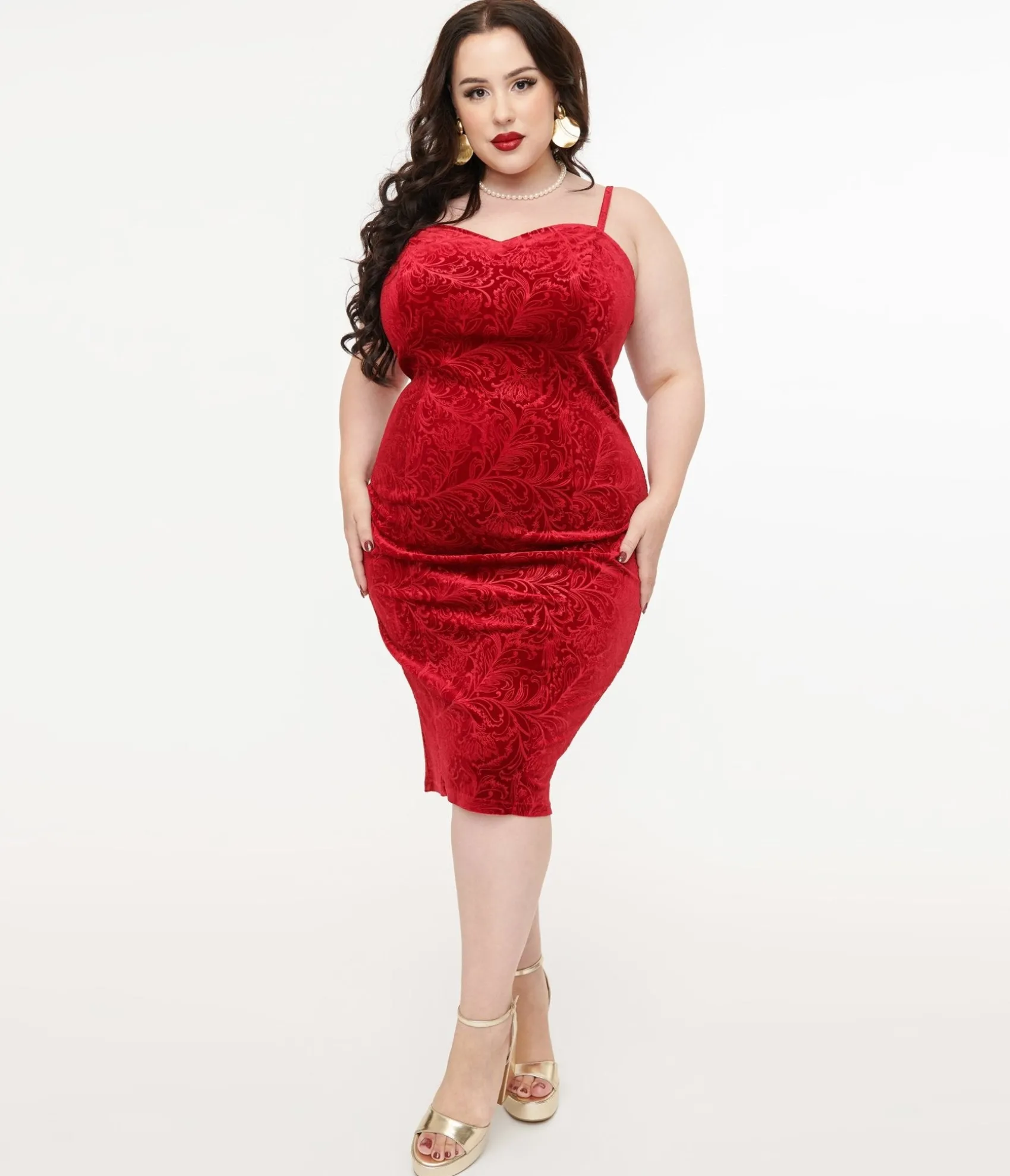 Unique Vintage Plus Size 1960s Red Velvet Ruffle Capelet Wiggle Dress