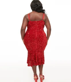 Unique Vintage Plus Size 1970s Red Velvet Sequin Rizzo Wiggle Dress