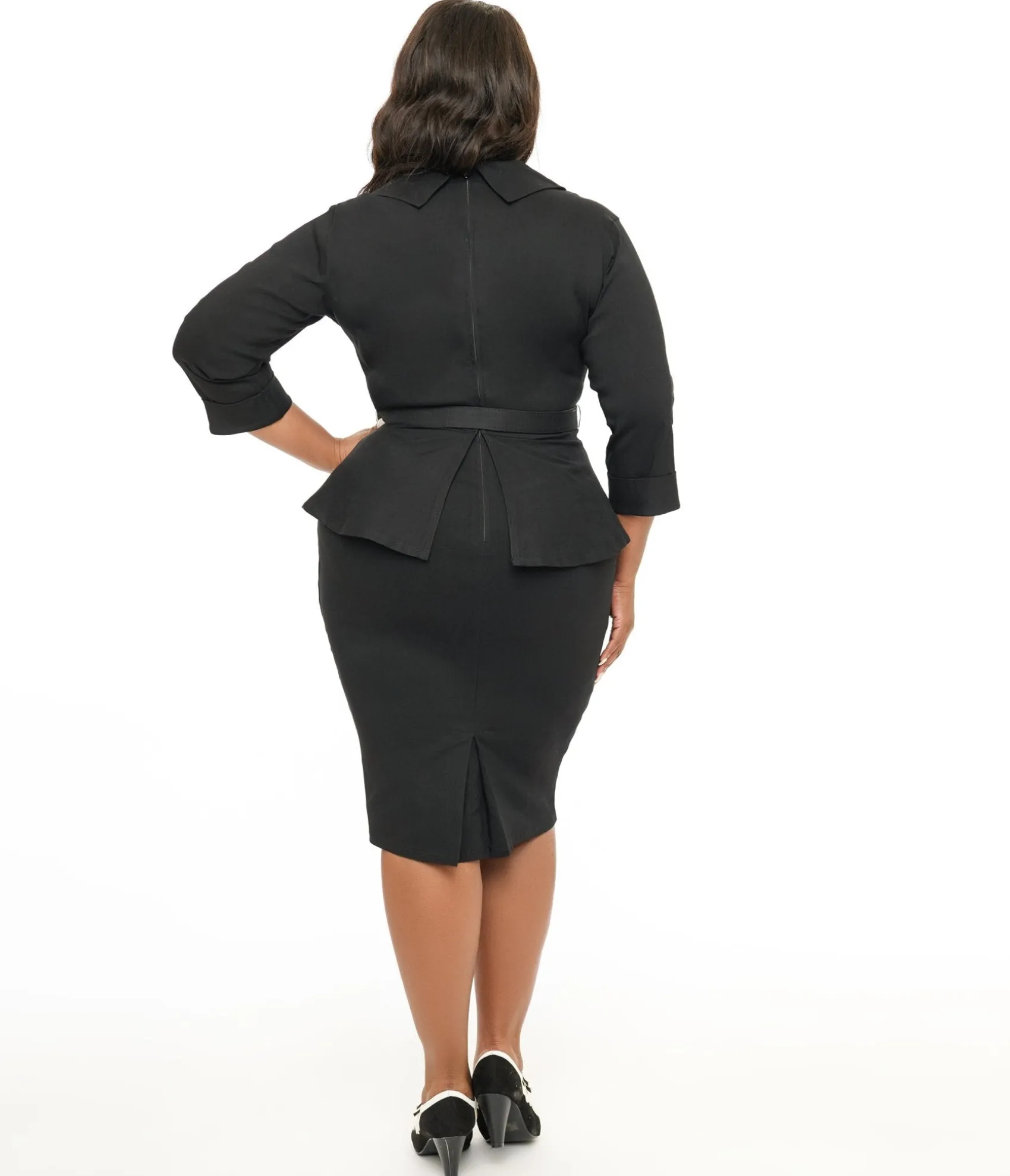 Unique Vintage Plus Size 1940s Black Peplum Cooper Suit Pencil Dress