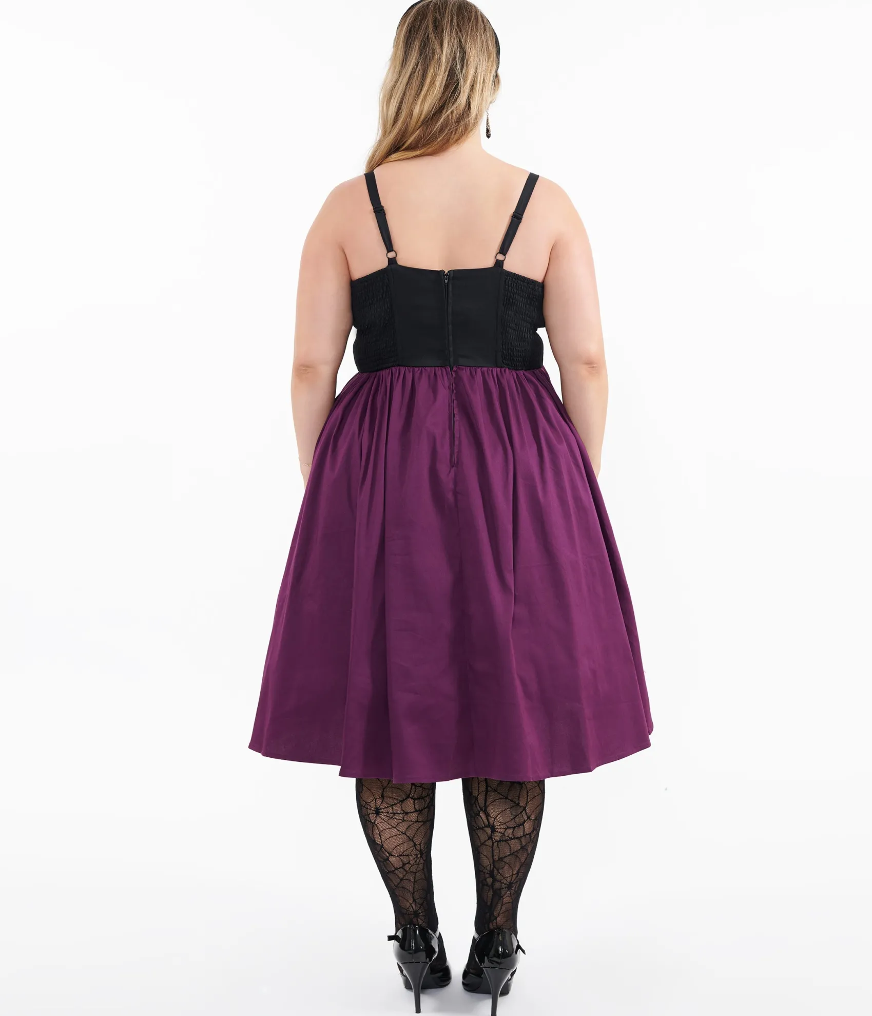 Unique Vintage Plus Size 1950s Purple & Black Glitter Cat Swing Dress