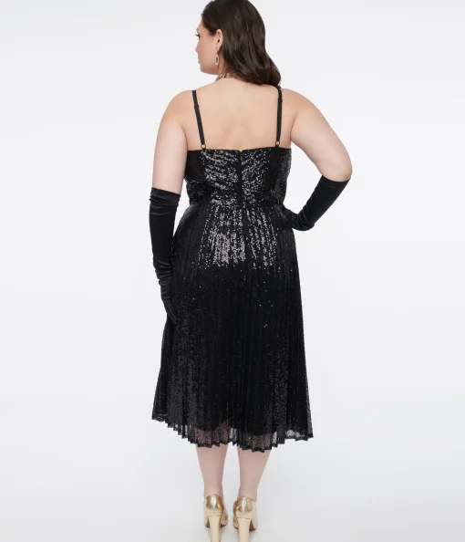 Unique Vintage Plus Size 1950s Black Pleated Sequin Swing Dress