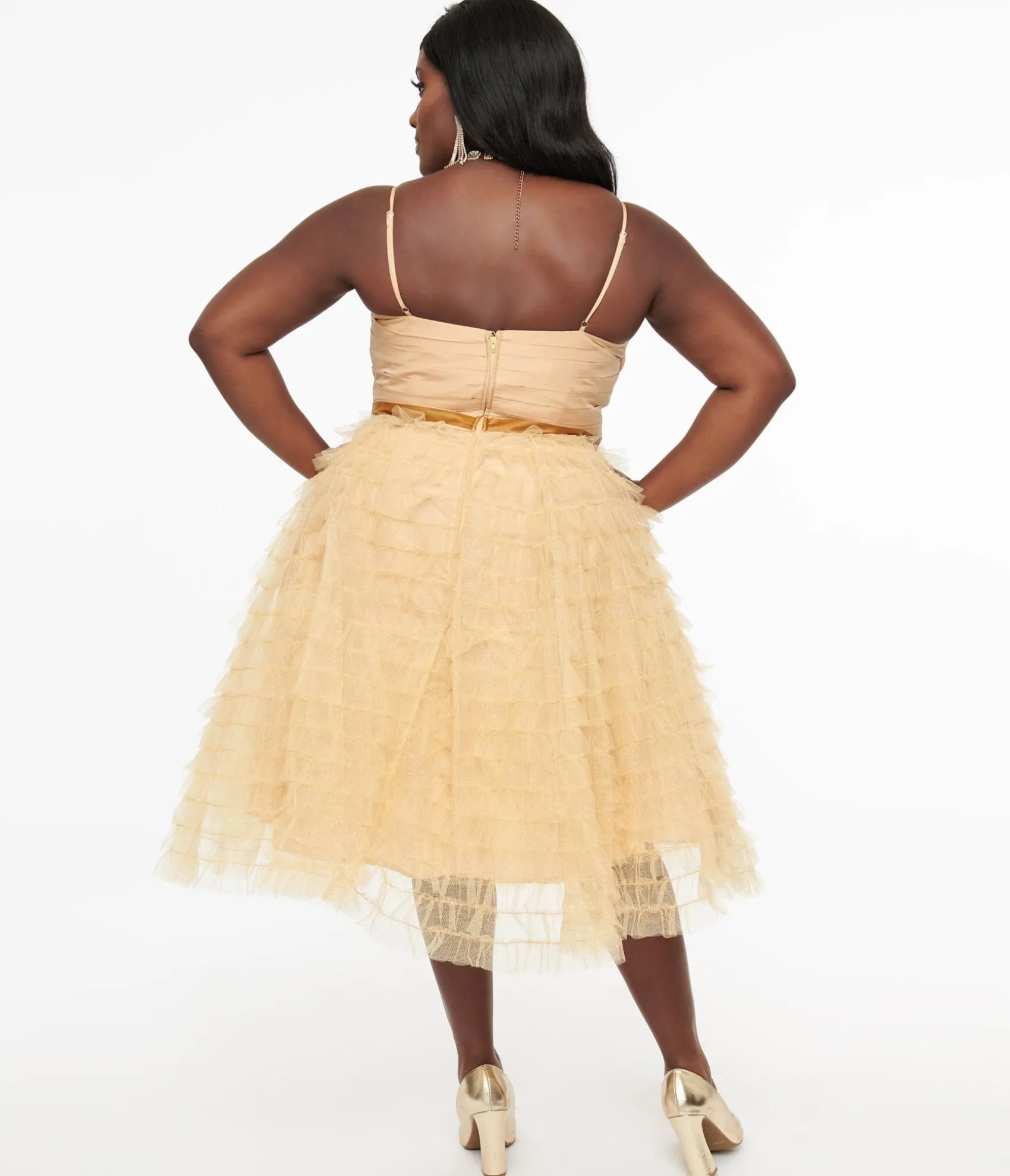 Unique Vintage Plus Size 1950s Gold Glitter Tulle Cupcake Swing Dress