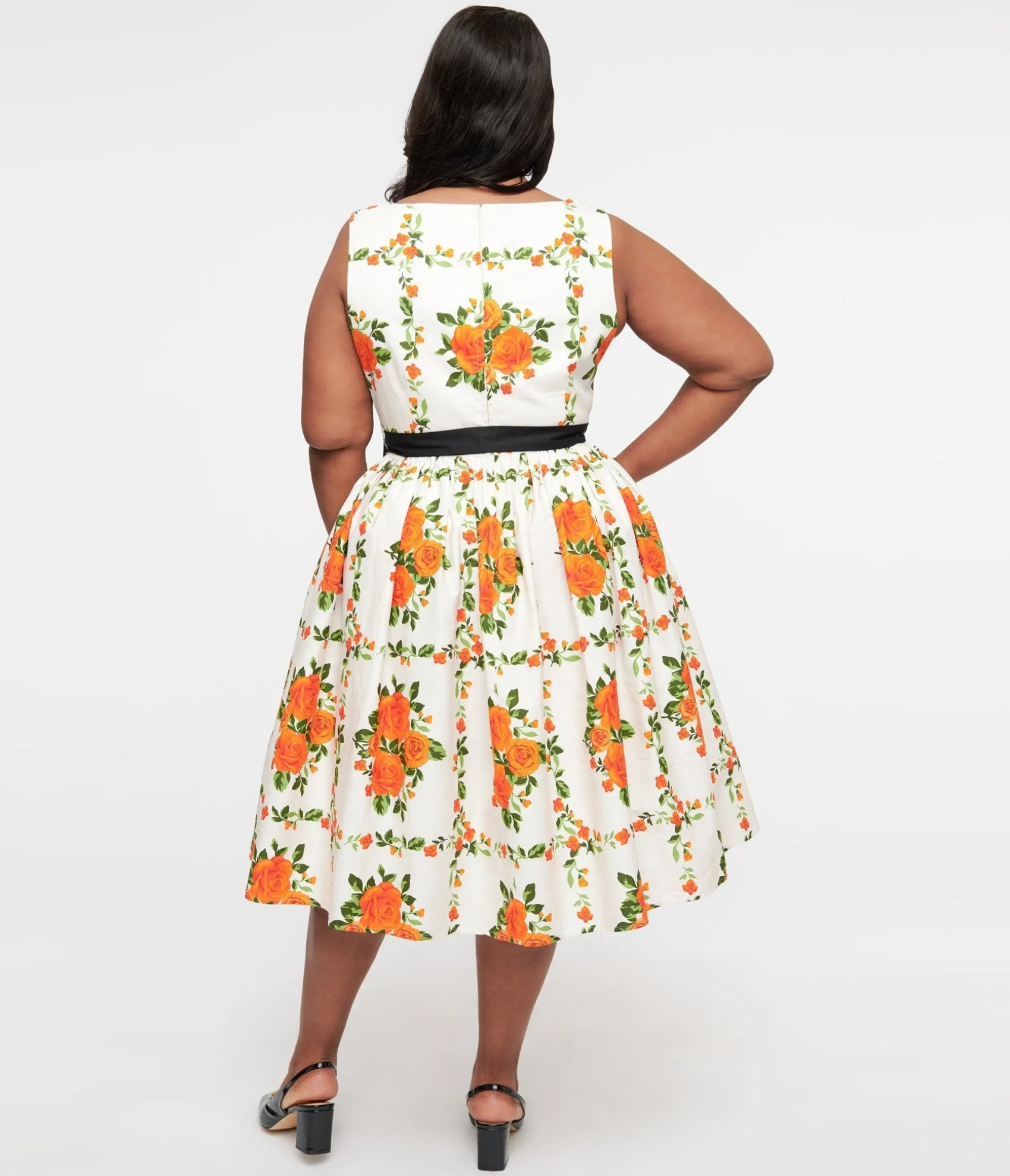 Unique Vintage Plus Size 1950s Orange Fall Floral Sleeveless Swing Dress