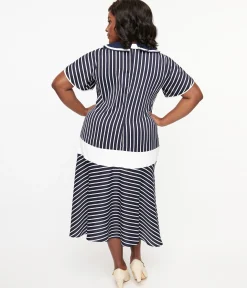 Unique Vintage Plus Size 1920s Navy & White Striped Flapper Dress