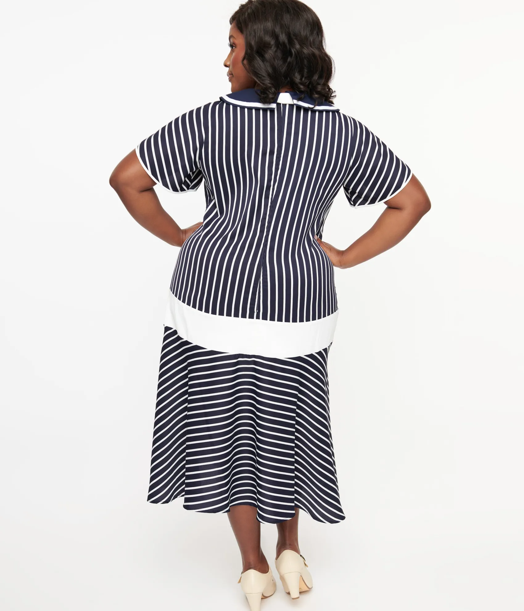 Unique Vintage Plus Size 1920s Navy & White Striped Flapper Dress
