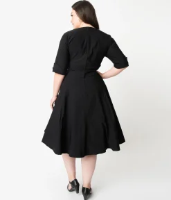 Unique Vintage Plus Size Black Delores Swing Dress with Sleeves