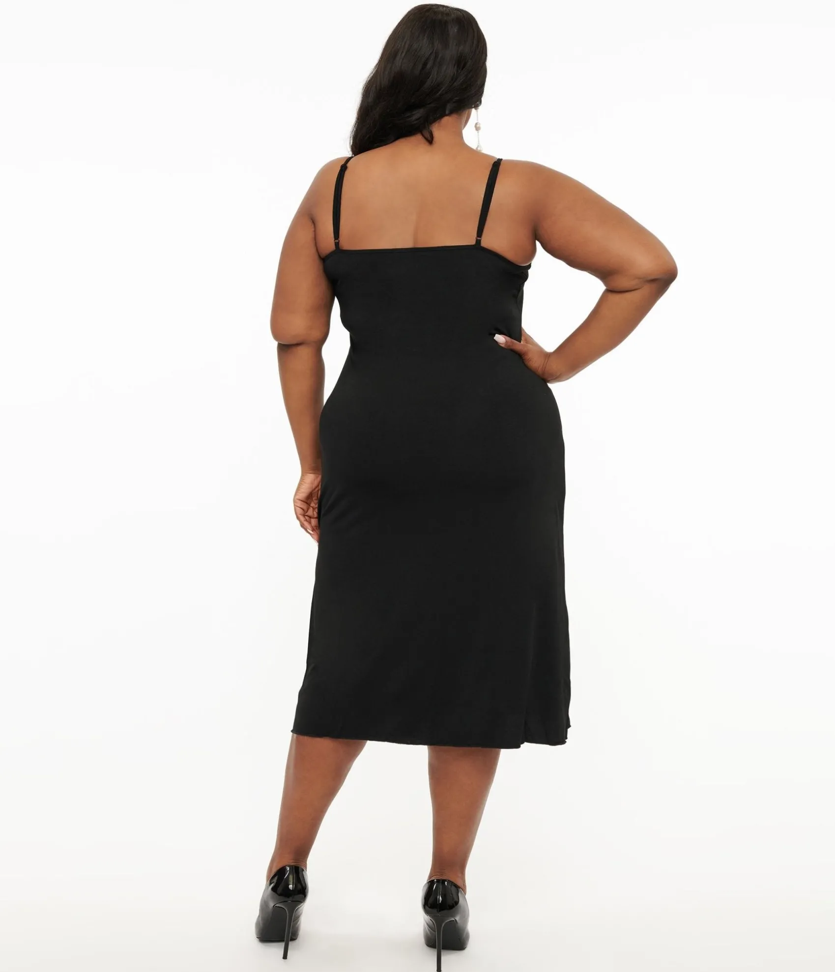 Unique Vintage Plus Size Midi Length Black Stretch Slip