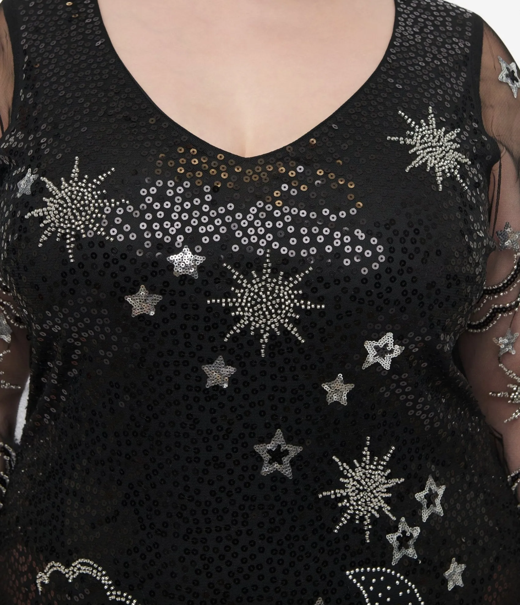 Unique Vintage Plus Size 1920s Black & Silver Moon & Stars Sequin Margaux Flapper Dress