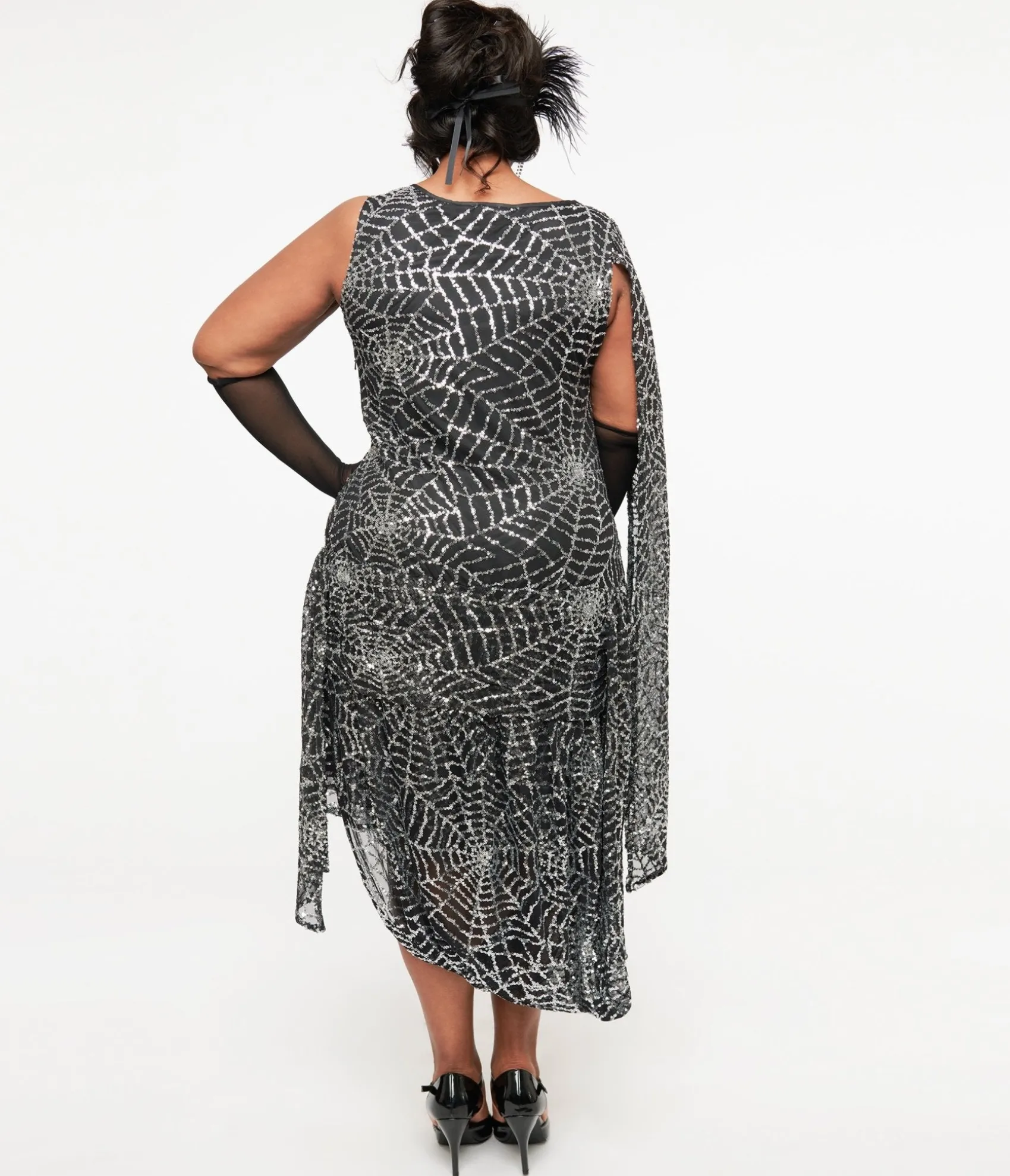 Unique Vintage Plus Size 1920s Black & Silver Sequin Spider Web Draped Flapper Dress