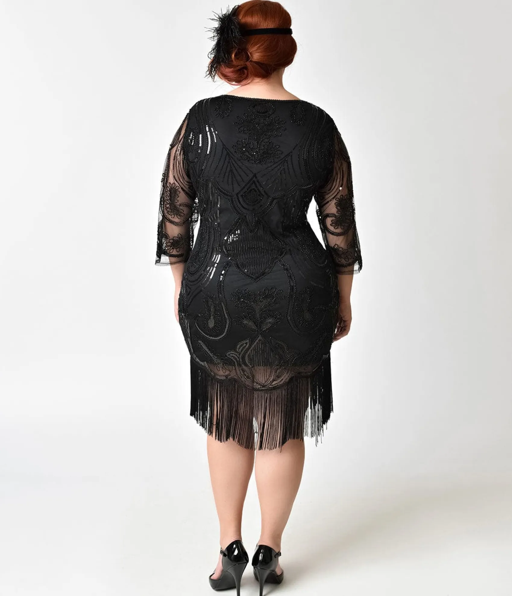Unique Vintage Plus Size 1920s Black Beaded & Sequin Margaux Sleeved Fringe Flapper Dress