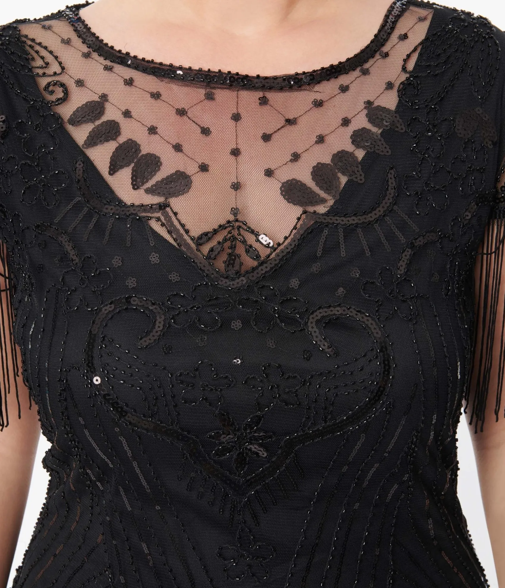 Unique Vintage Plus Size 1920s Black Beaded Fringe Sleeve Nadine Flapper Dress