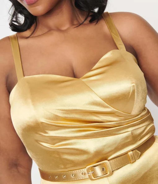 Unique Vintage Plus Size 1970s Gold Spandex Belted Jumpsuit