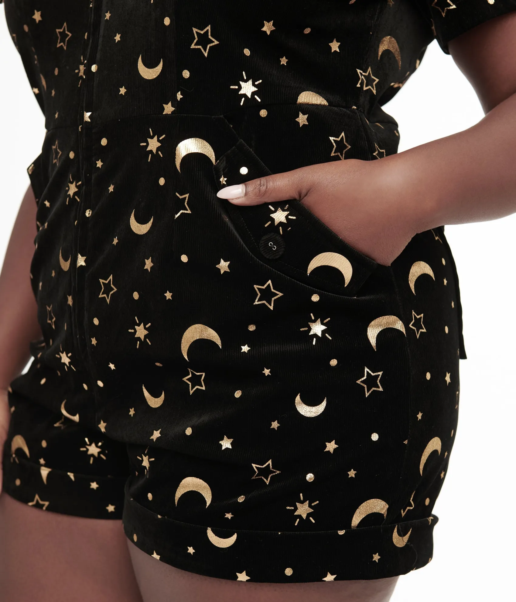 Unique Vintage Plus Size 1960s Black & Gold Moon Print Mia Romper
