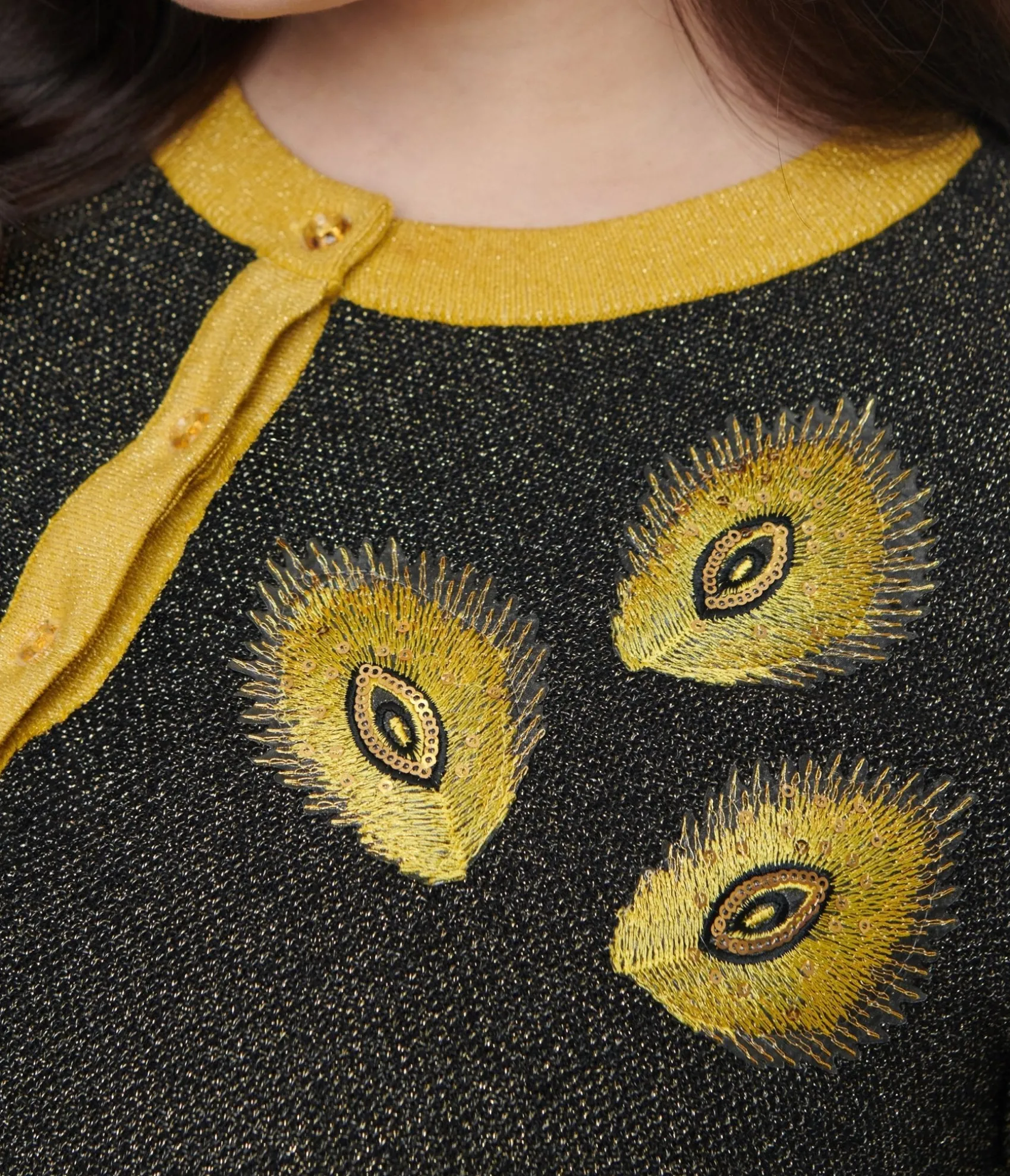 Unique Vintage Plus Size 1950s Black & Gold Peacock Feather Embroidered Bookworm Cardigan