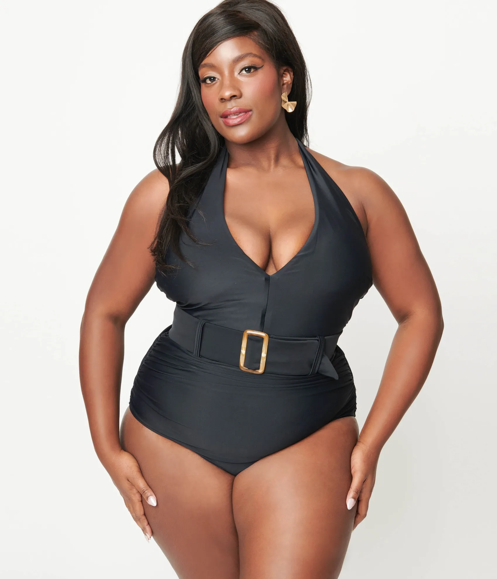Unique Vintage Plus Size Black Belted Halter Swimsuit