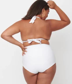 Unique Vintage Plus Size Solid White Monroe Halter Swim Top