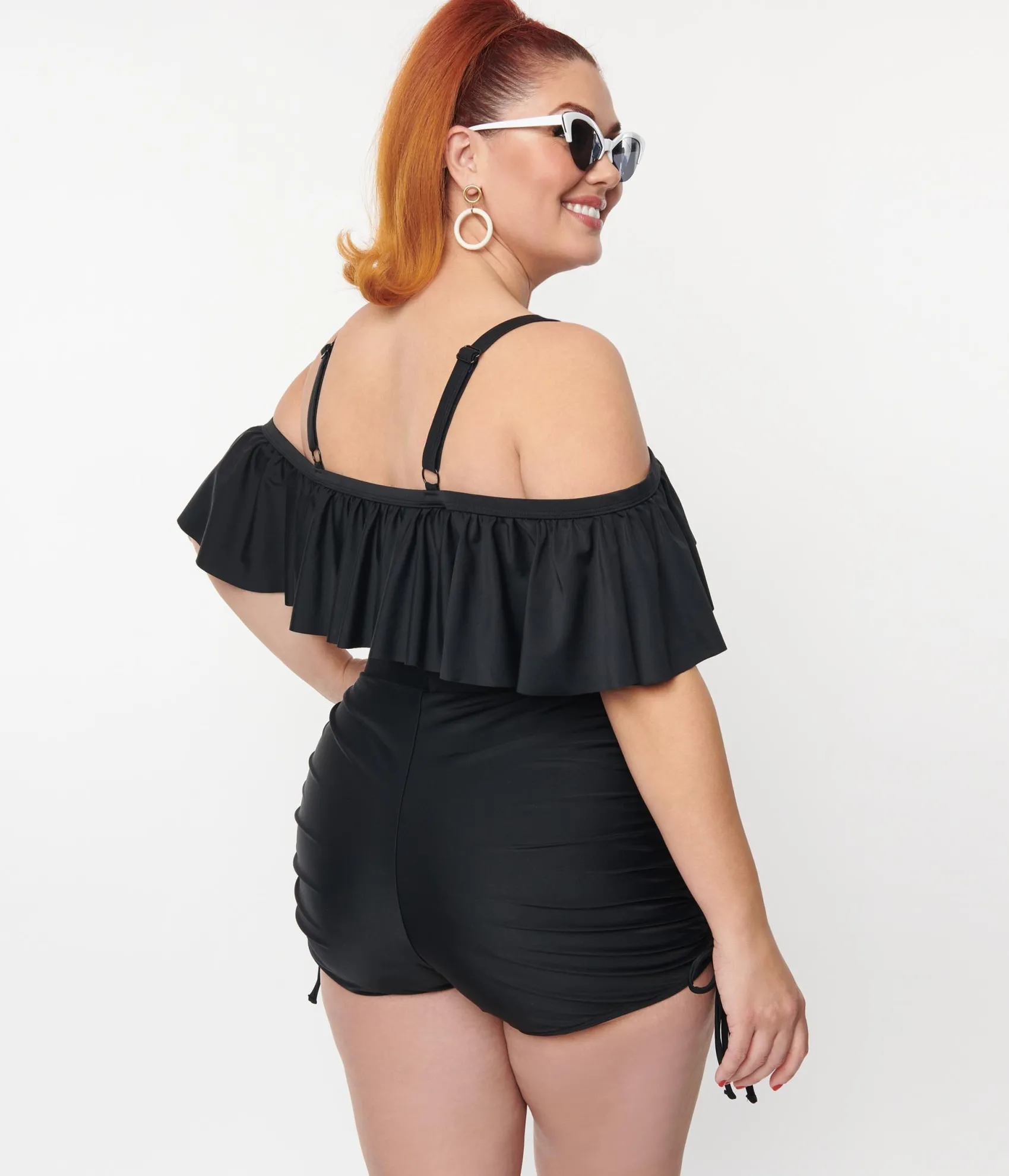 Unique Vintage Plus Size Black Ruffled Swim Top