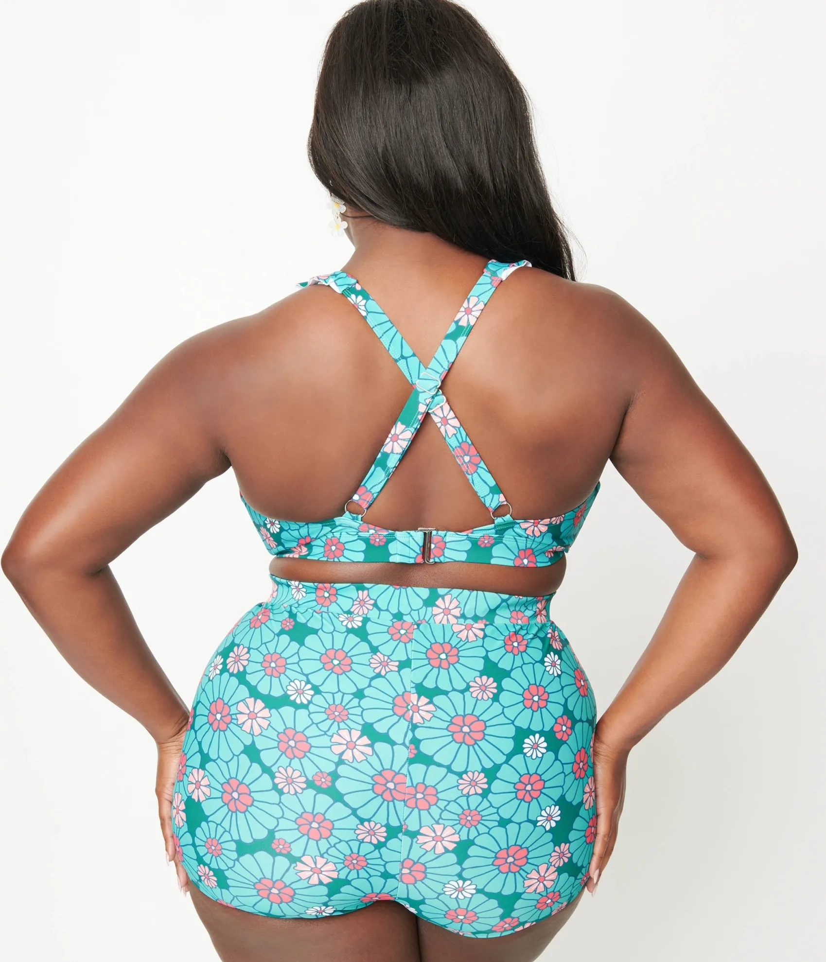 Unique Vintage Plus Size Teal Flower Child Halter Swim Top
