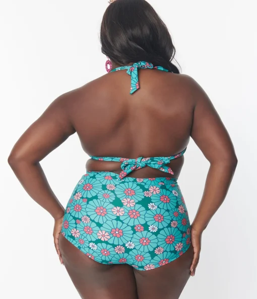 Unique Vintage Plus Size Teal Flower Child Monroe Swim Bottom