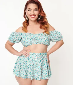 Unique Vintage Plus Size 1940s Turquoise Retro Hearts Off The Shoulder Swim Top