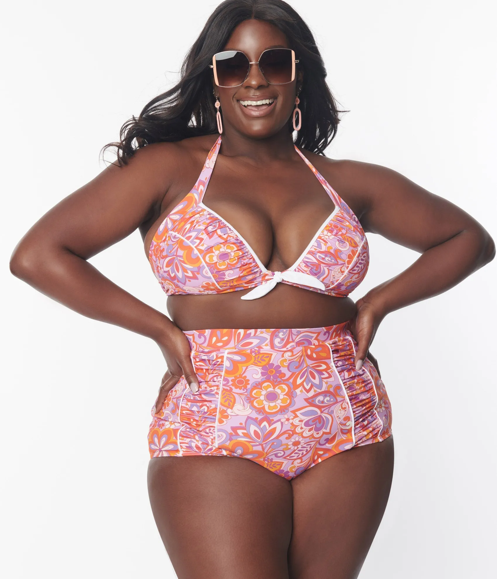 Unique Vintage Plus Size Purple & Orange Bohemian Floral Print Halter Swim Top