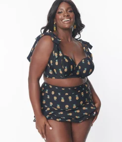 Unique Vintage Plus Size Black & Pineapple Print Totally Tied Up Swim Top