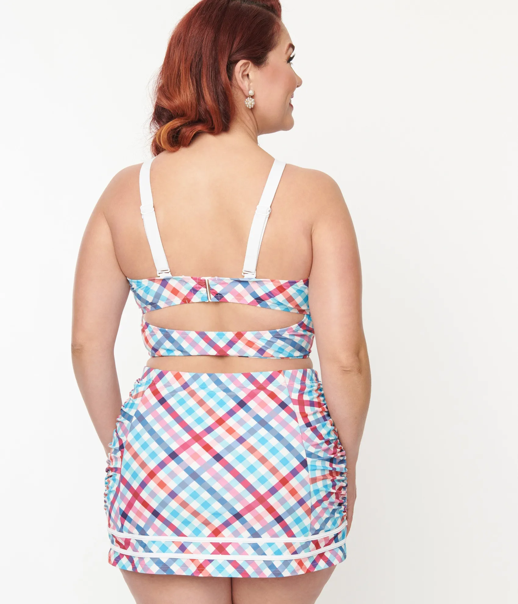 Unique Vintage Plus Size Pastel Madras Plaid Sailor Swim Bottom
