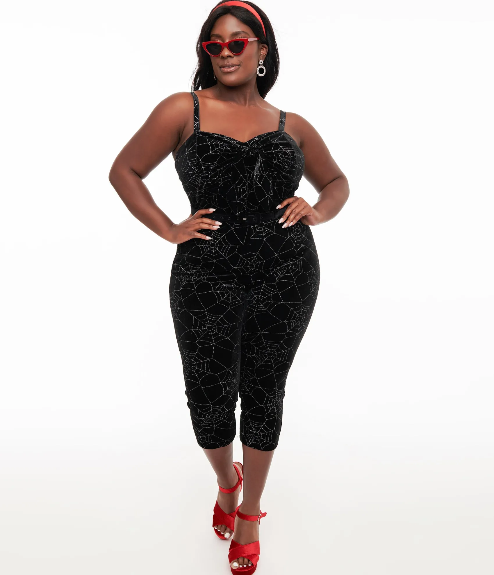 Unique Vintage Plus Size 1950s Black Velvet & Silver Web Cropped Jumpsuit