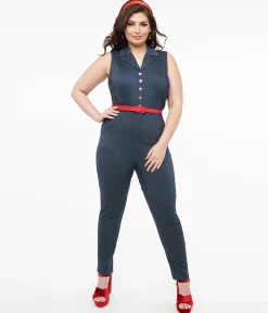 Unique Vintage Plus Size Blue Denim & Red Belt Skinny Jumpsuit