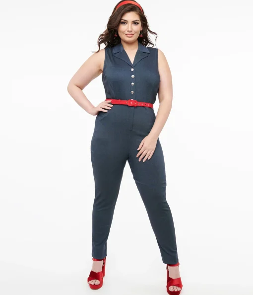 Unique Vintage Plus Size Blue Denim & Red Belt Skinny Jumpsuit