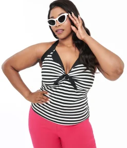 Unique Vintage Plus Size Black & White Striped Halter Top
