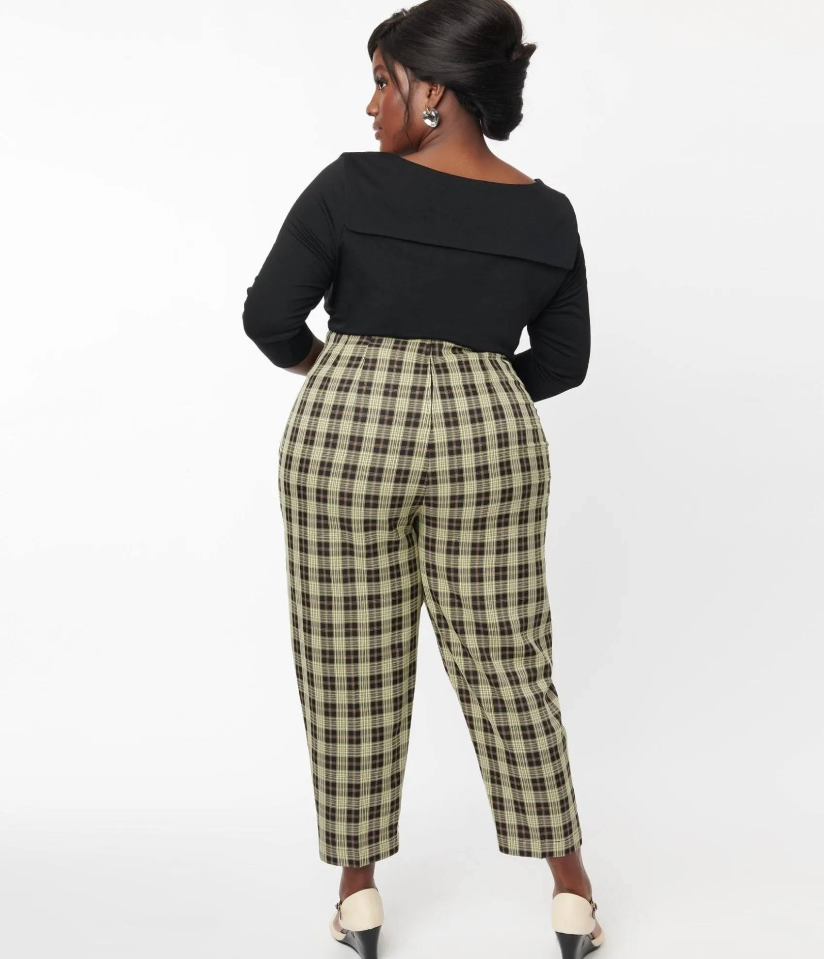 Unique Vintage Plus Size 1930s Cream & Black Plaid Front Pleat Pants