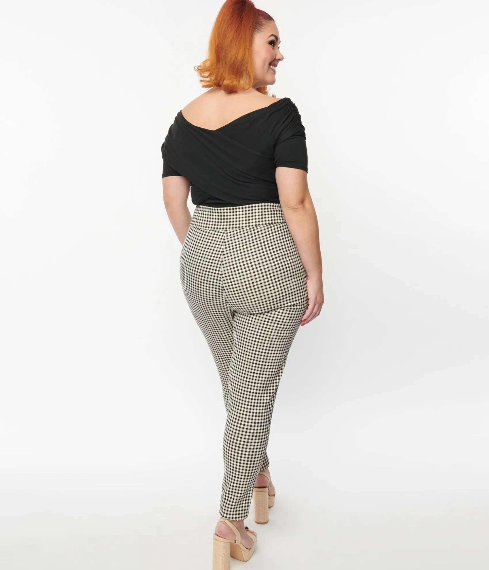 Unique Vintage Plus Size Ivory & Black Gingham Rizzo Cigarette Pants