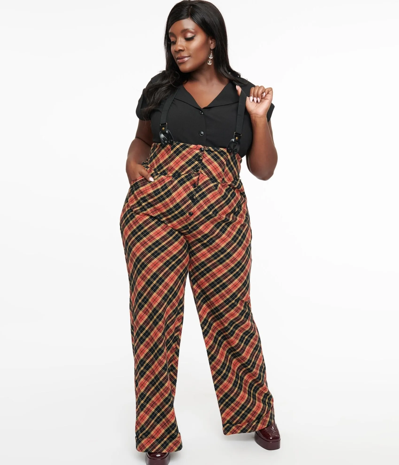 Unique Vintage Plus Size 1930s Black & Rust Plaid Thelma Suspender Pants