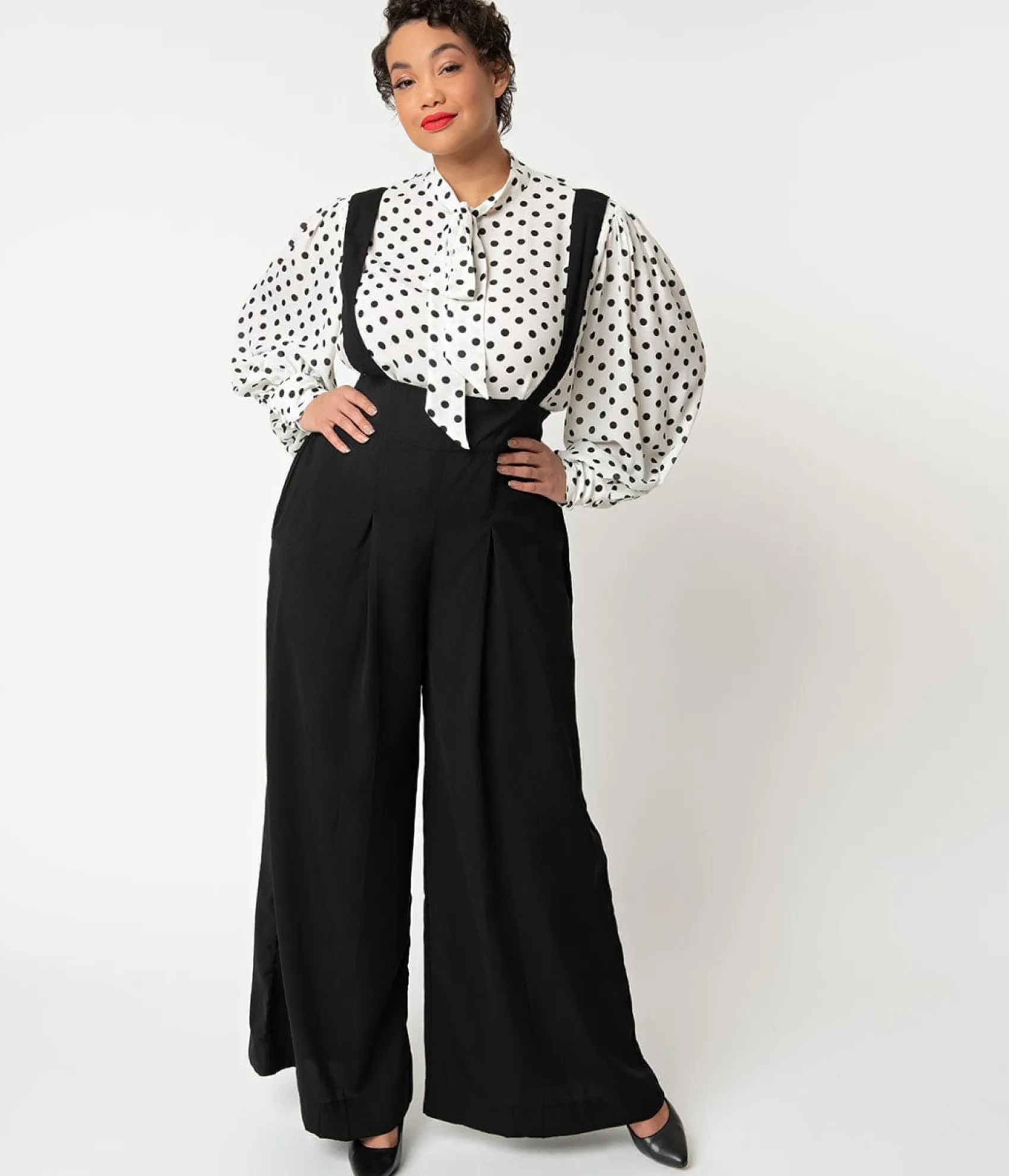 Unique Vintage Plus Size Black Wide Leg Rochelle Suspender Pants