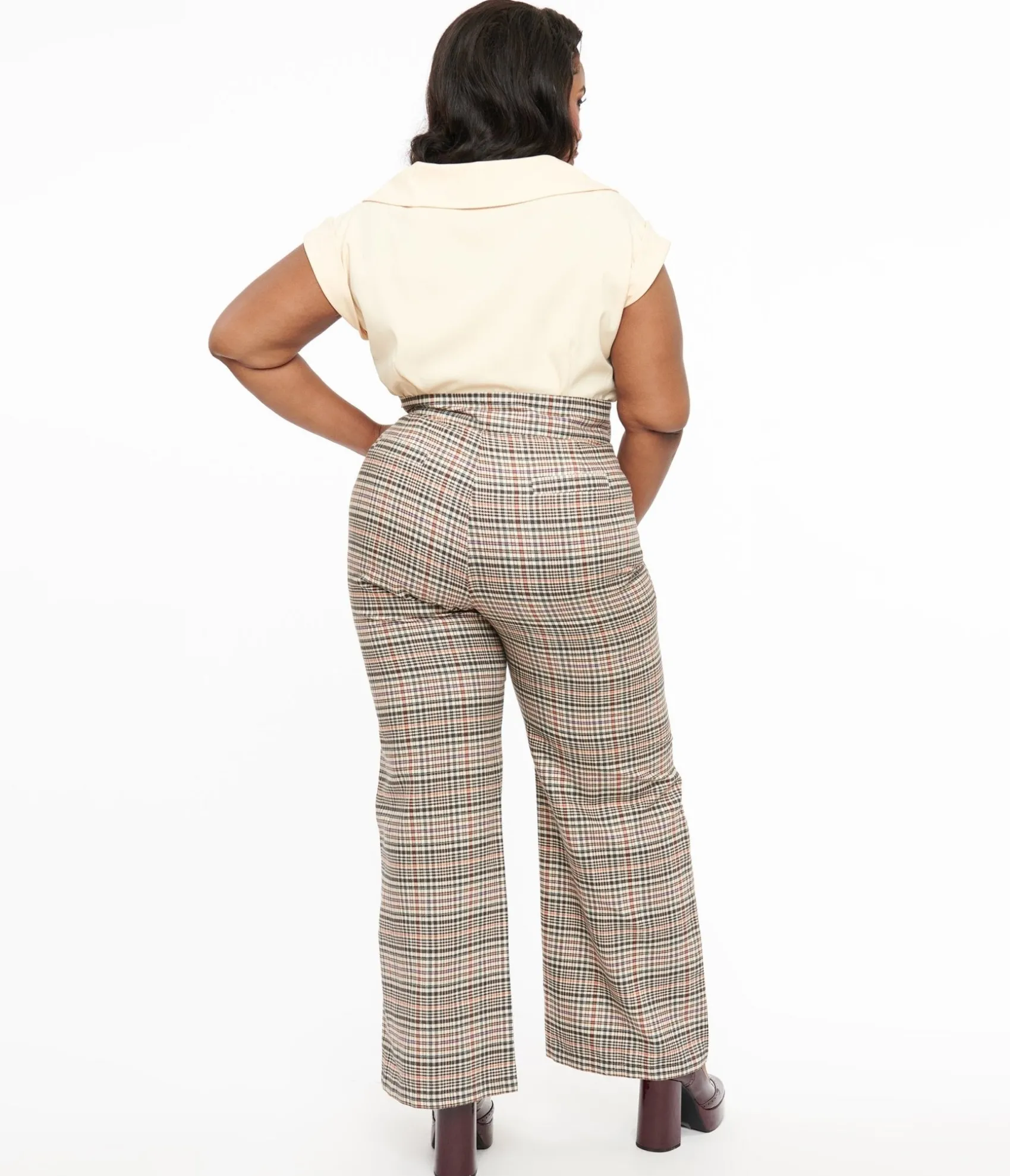 Unique Vintage Plus Size 1940s Beige Plaid High Waist Sailor Ginger Pants